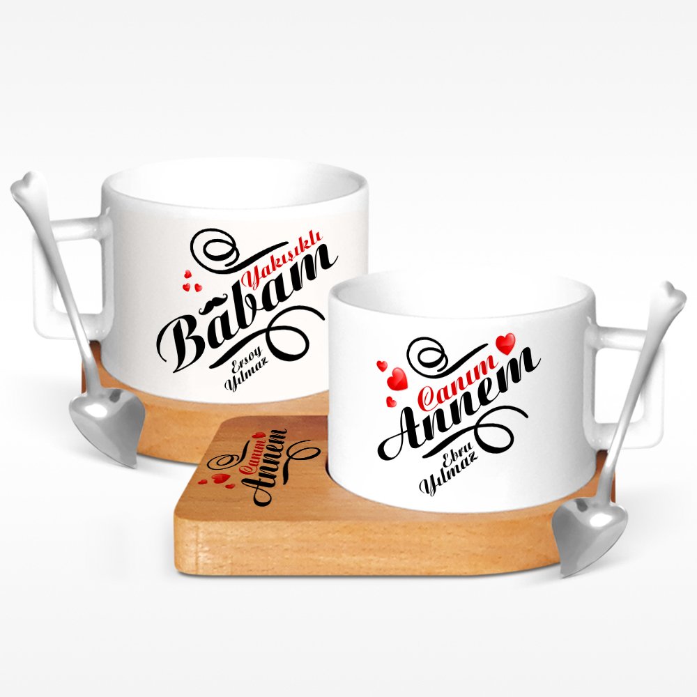 Kişiye Özel İkili Anne & Baba Ahşap Altlıklı Seramik Fincan - 5