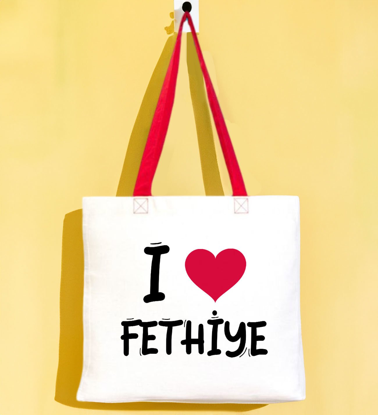 BK Gift I Love Fethiye Kırmızı Renkli Kulp Gabardin Bez Çanta 40x35cm, Baskılı Omuz Çantası, Alışveriş Çantası, Plaj Çantası