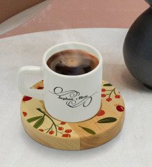 Kişiye Özel Meyve Tasarımlı Doğal Ahşap Tabaklı Türk Kahvesi Fincanı Model 1