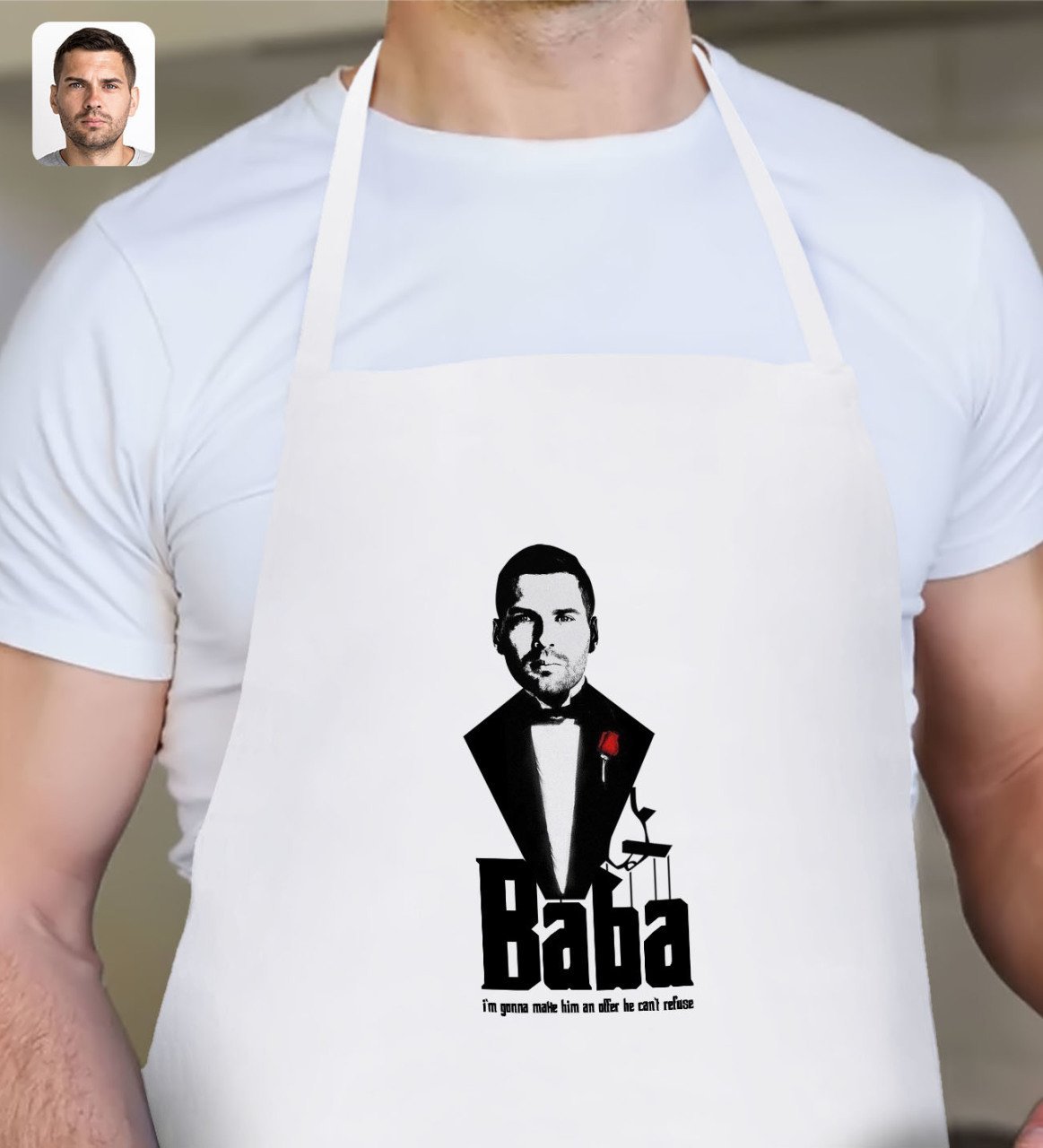Kişiye Özel Godfather Baba Silüet Tasarımlı Beyaz Mutfak Önlüğü-3