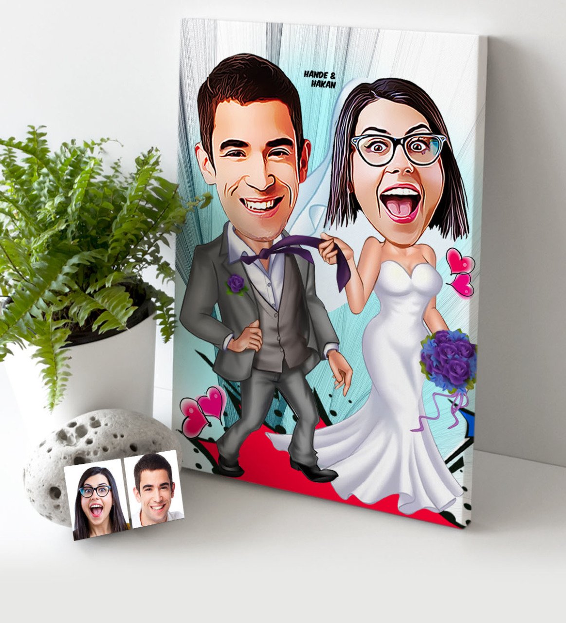 Kişiye Özel Gelin Damat Karikatür Kanvas Tablo (30 x 50 cm.) - 6