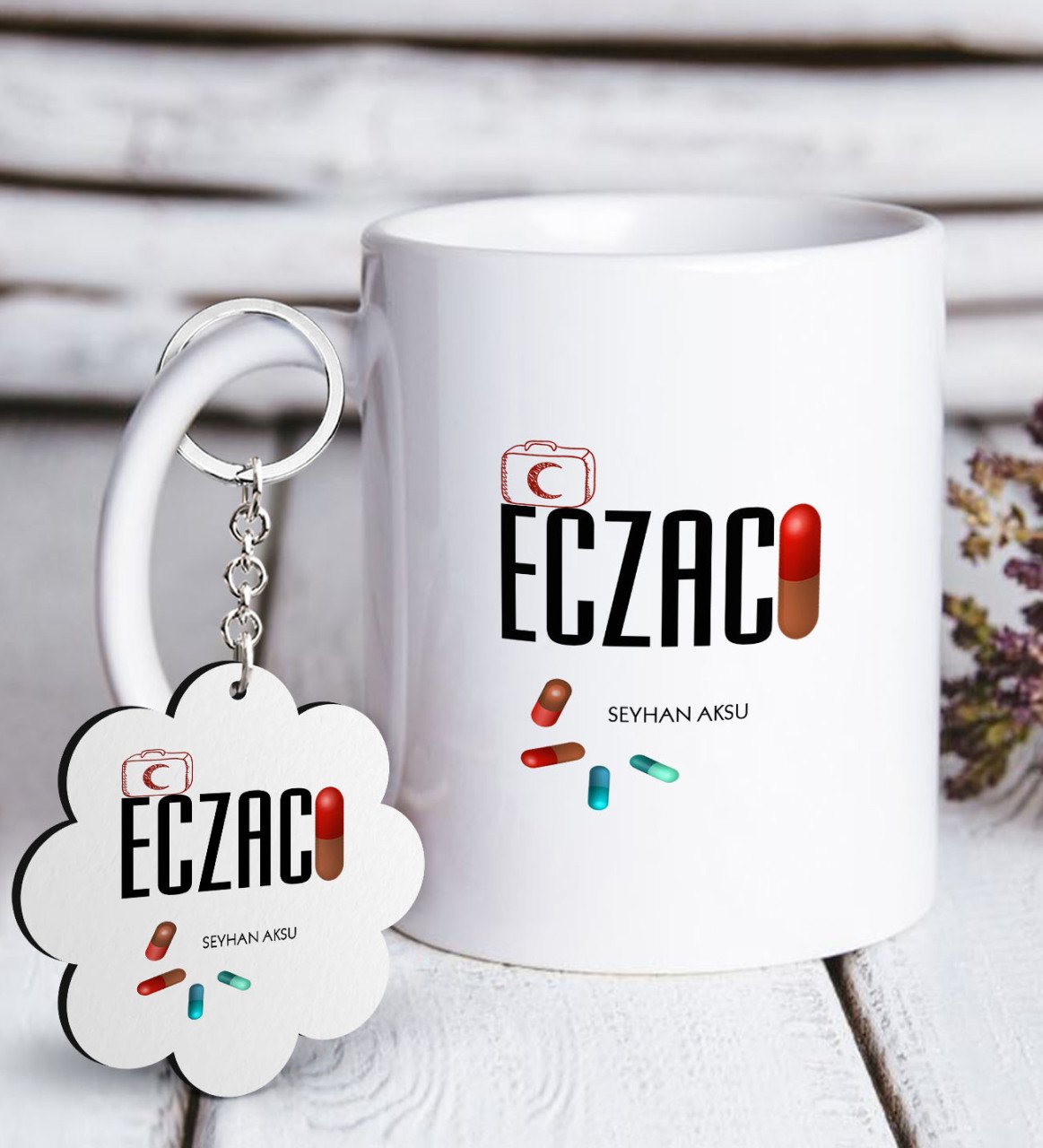 Kişiye Özel Mesleki Eczacı Beyaz Kupa ve Anahtarlık Hediye Seti-3