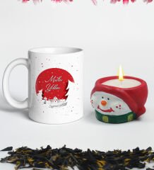 Yılbaşı Hediyesi BK Gift Kişiye Özel Yeni Yıl Tasarımlı Beyaz Kupa Bardak ve El Yapımı Kardan Adam Kokulu Mum Hediye Seti-4, Sevgiliye, Arkadaşa Hediye
