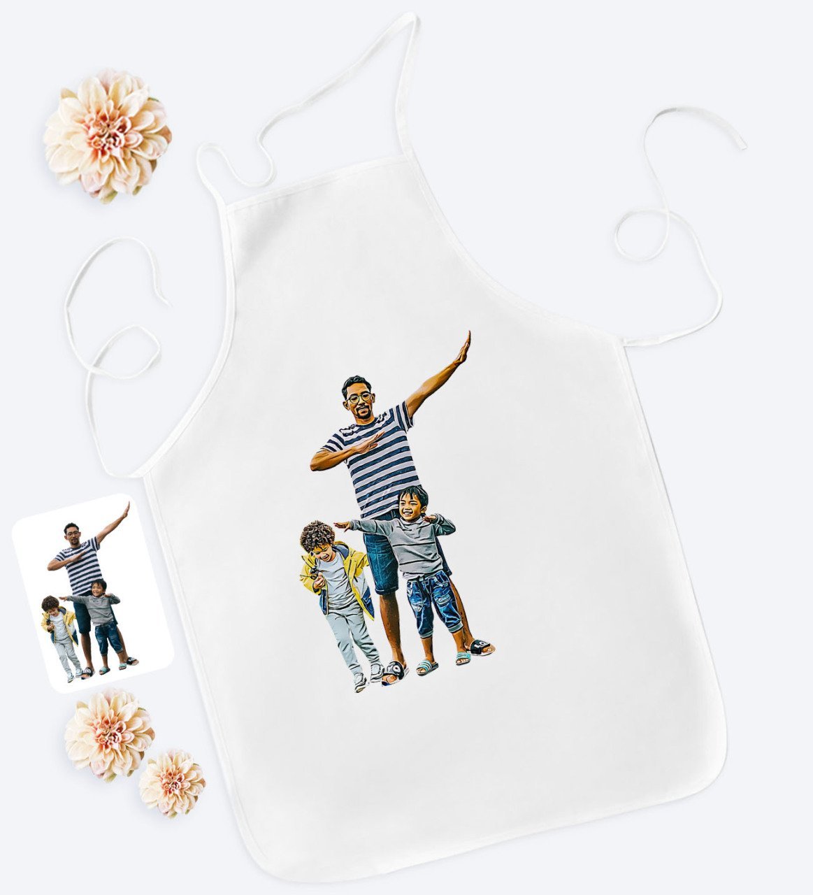 Kişiye Özel Tam Boy Baba ve Oğullar Karikatürlü Beyaz Mutfak Önlüğü-1