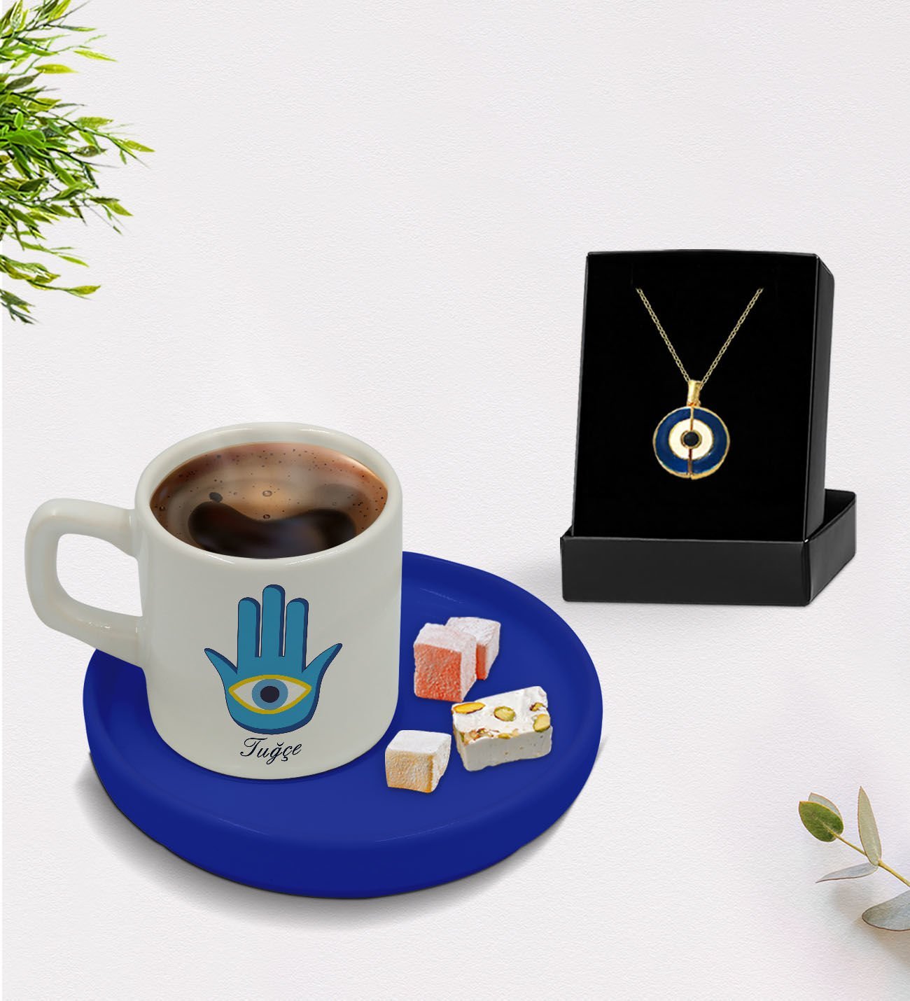 BK Gift Kişiye Özel İsimli Mavi Sunum Tabaklı Türk Kahvesi Fincanı ve Açılan Nazar Kolye Hediye Seti -2