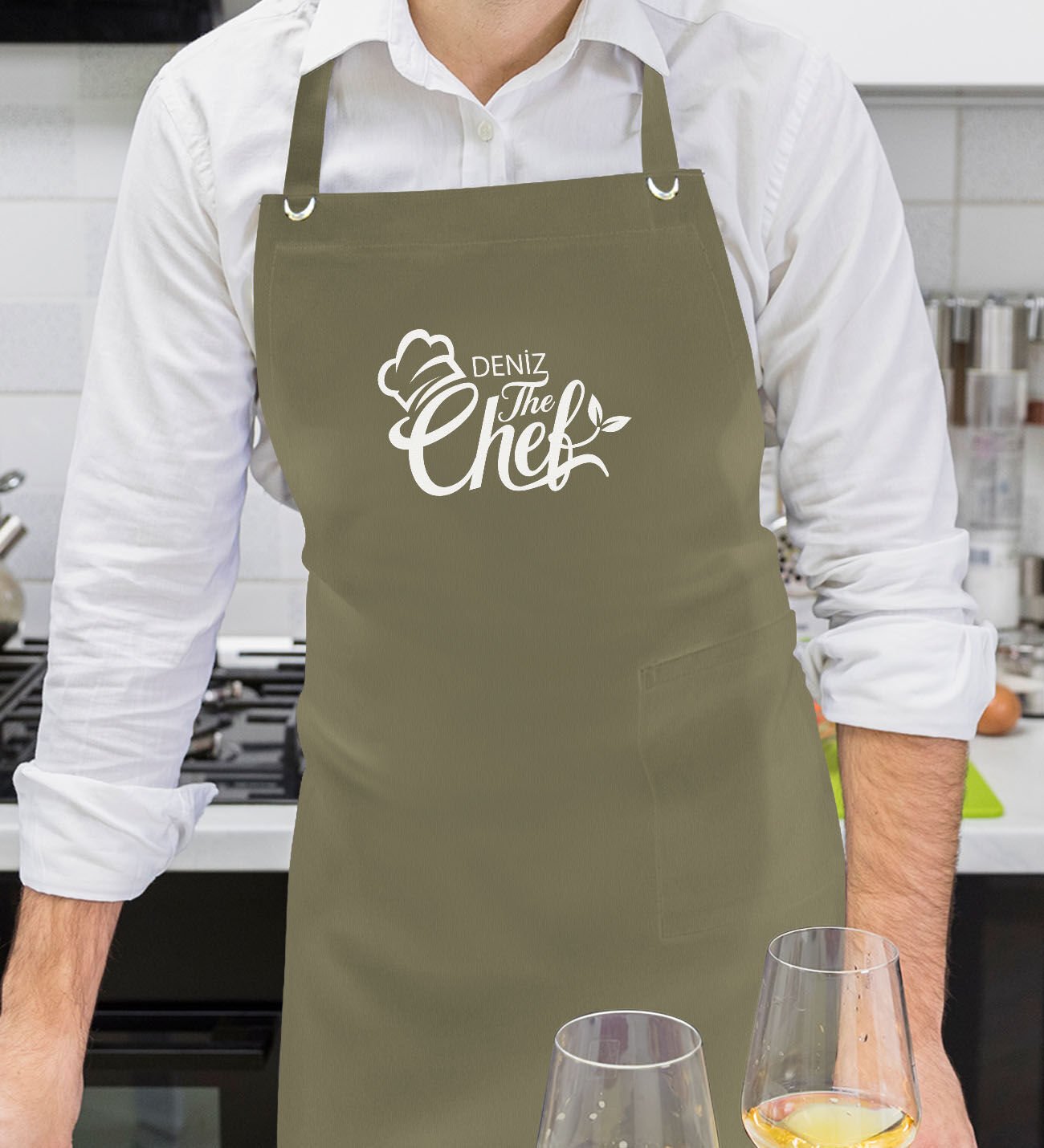 BK Gift Kişiye Özel İsimli Chef Tasarımlı Profesyonel Haki Yeşil Mutfak Önlüğü, Aşçı Önlüğü, Şef Önlüğü, Arkadaşa Hediye-11