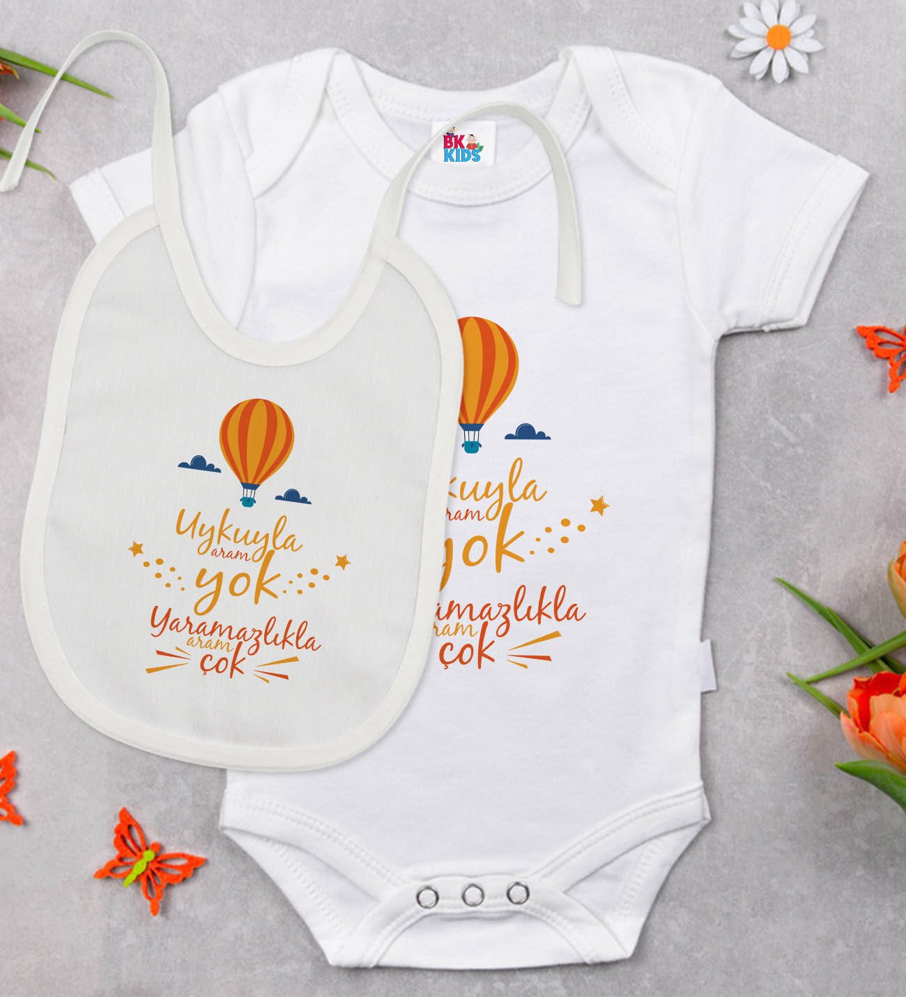 BK Kids Uykuyla Aram Yok Tasarımlı Beyaz Bebek Body Zıbın ve Mama Önlüğü Hediye Seti-1