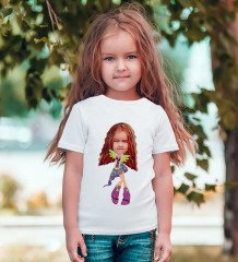 Kişiye Özel Kız Çocuk Karikatürlü Beyaz T-Shirt-11
