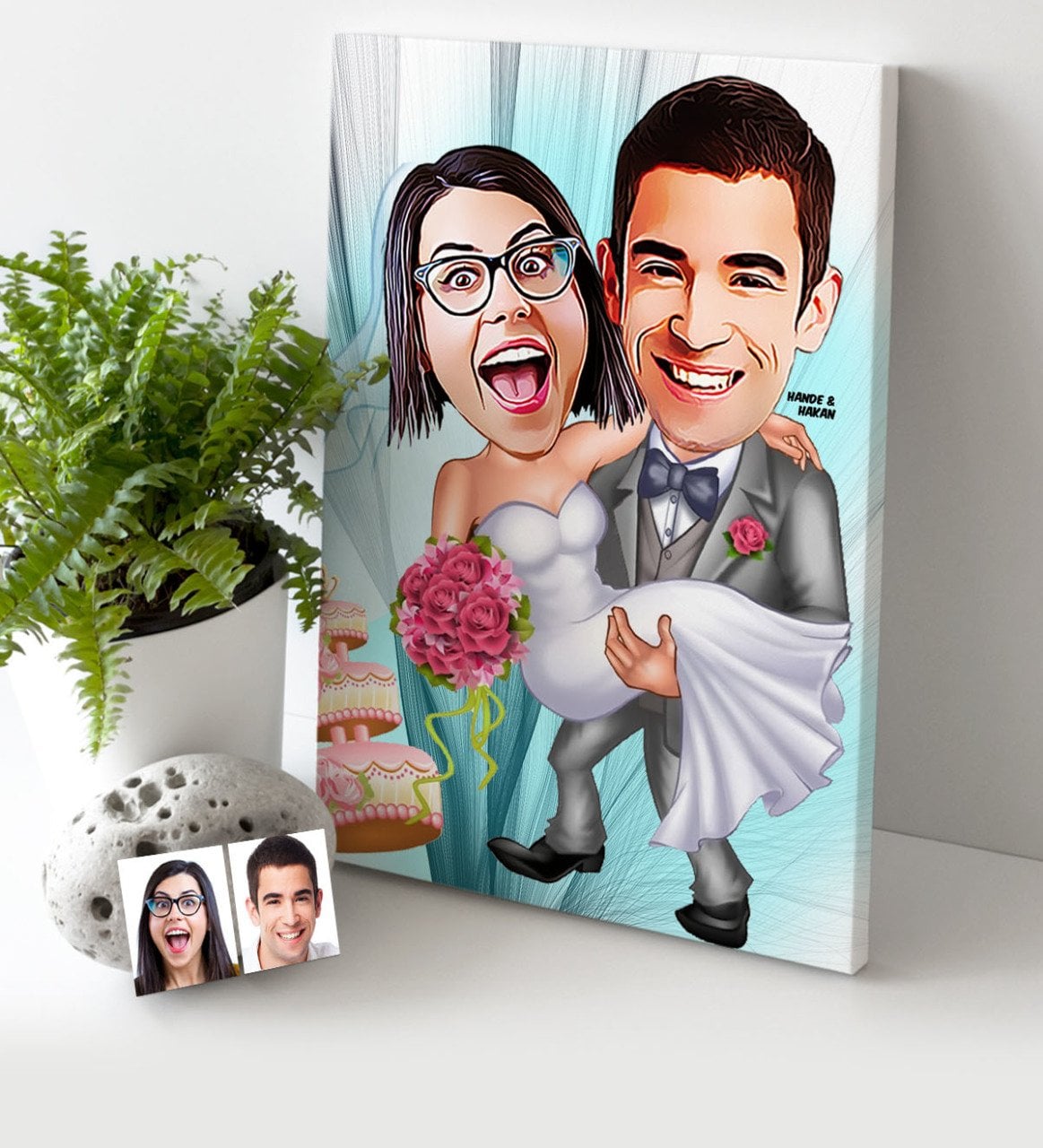 Kişiye Özel Gelin Damat Karikatür Kanvas Tablo (30 x 50 cm.) - 7
