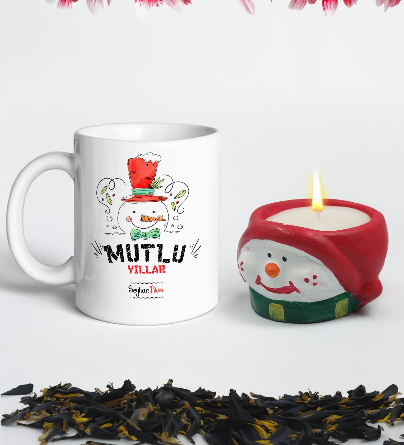 Yılbaşı Hediyesi BK Gift Kişiye Özel Yeni Yıl Tasarımlı Beyaz Kupa Bardak ve El Yapımı Kardan Adam Kokulu Mum Hediye Seti-5, Sevgiliye, Arkadaşa Hediye