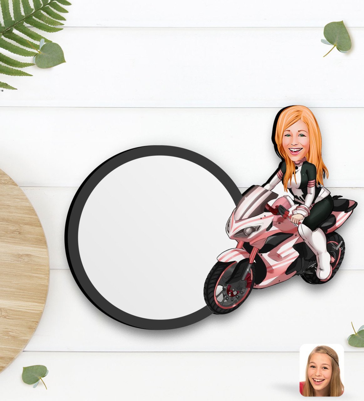 Kişiye Özel Kadın Motorcu Karikatürlü Ahşap Bardak Altlığı-2