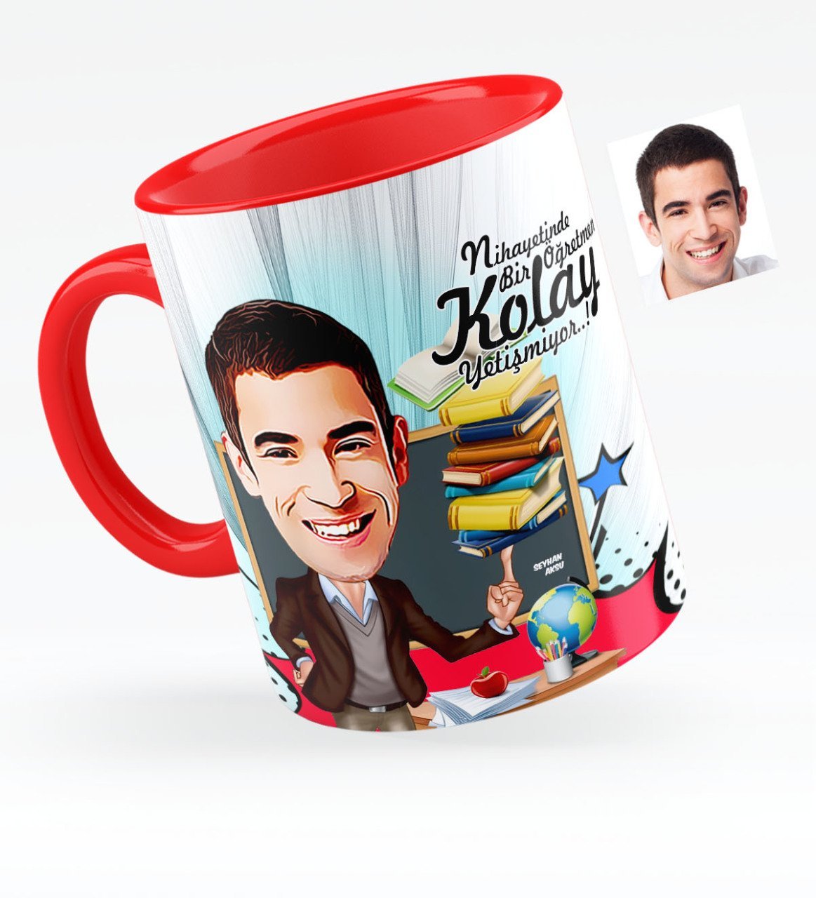 Kişiye Özel Bay Öğretmen Karikatürlü Kırmızı Kupa Bardak - 2