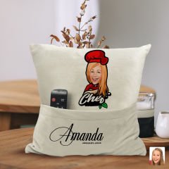 BK Gift Kişiye Özel Chef Karikatür Tasarımlı Organizer Kumanda ve Atıştırmalık Cepli Sarı Kırlent Yastık-5 Arkadaşa Hediye, Cepli Yastık
