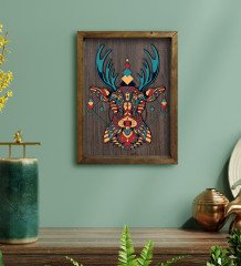 BK Home Geyik Tasarımlı Doğal Masif Ahşap Çerçeveli Tablo 45x65cm-1