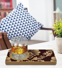 Kişiye Özel Retro Motif Tasarımlı Doğal Ahşap Tabaklı Viski Bardağı Sunum Seti Model 7