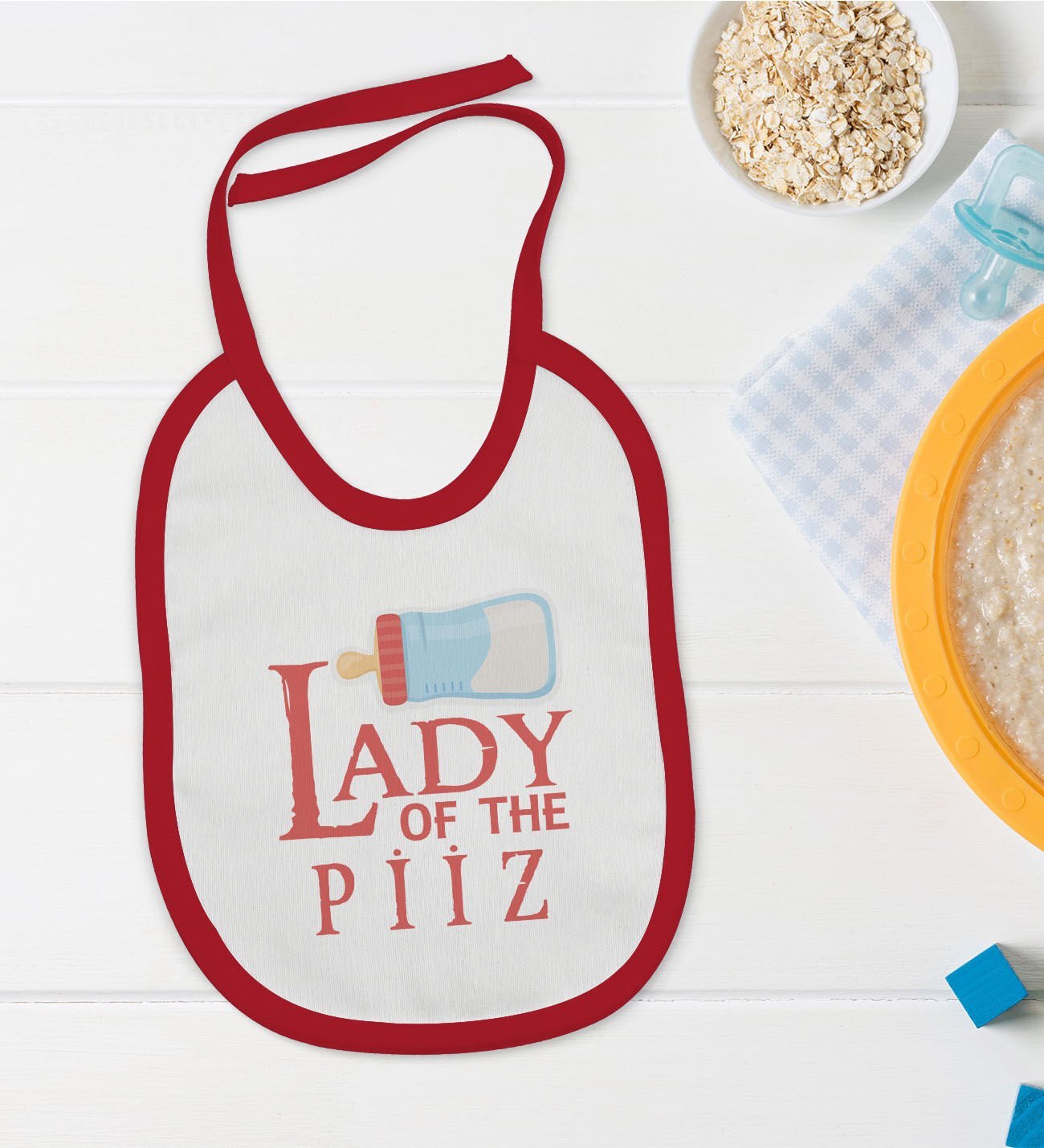 BK Kids Lady Of The Piiz Tasarımlı Kırmızı Bebek Mama Önlüğü-1