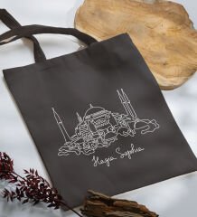 BK Gift Ayasofya Camii Tasarımlı-1 Antrasit Kumaş Bez Çanta, Baskılı Omuz Çantası, Alışveriş Çantası, Anneye Hediye