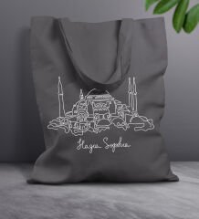 BK Gift Ayasofya Camii Tasarımlı-1 Antrasit Kumaş Bez Çanta, Baskılı Omuz Çantası, Alışveriş Çantası, Anneye Hediye