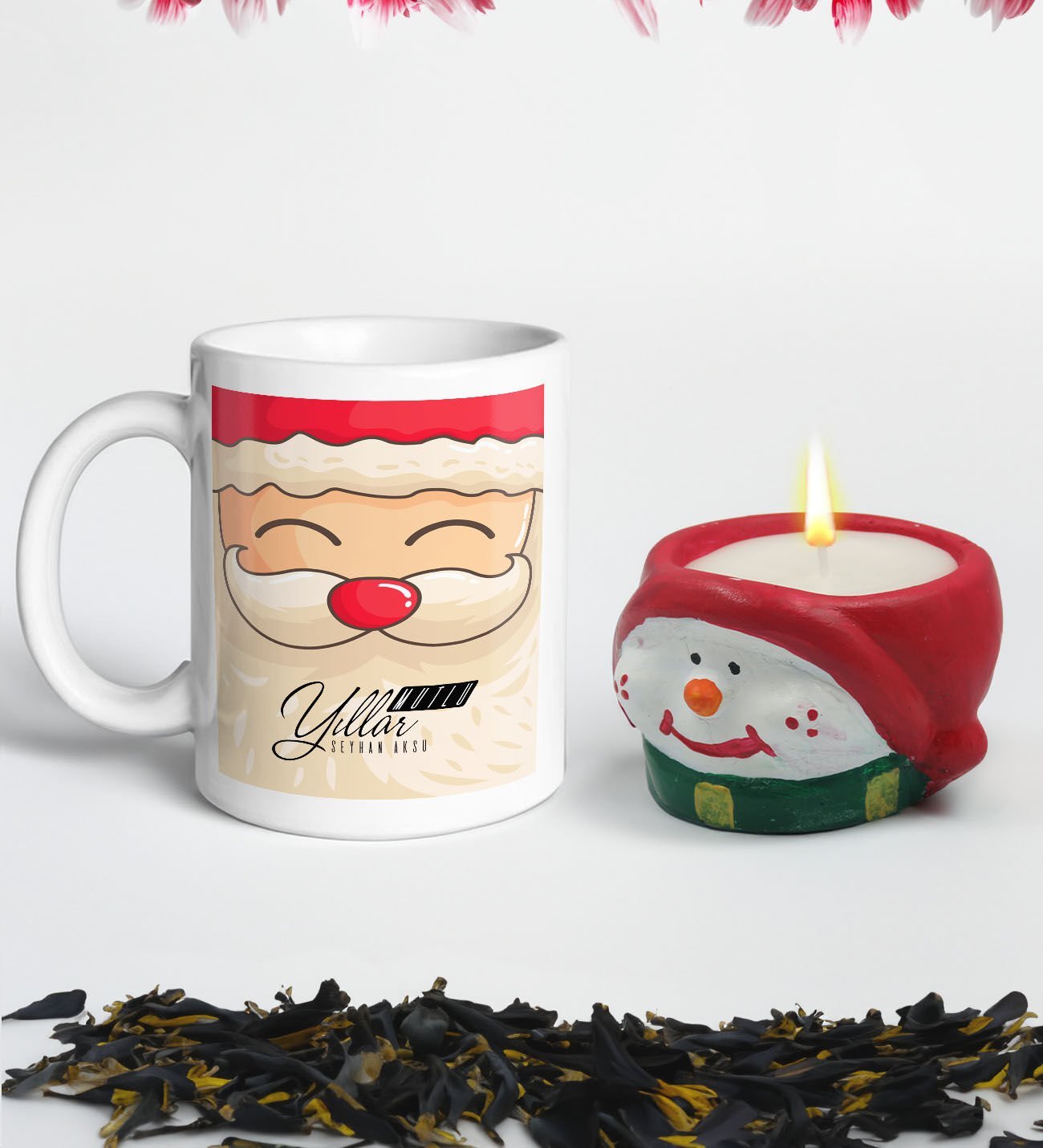 Yılbaşı Hediyesi BK Gift Kişiye Özel Yeni Yıl Tasarımlı Beyaz Kupa Bardak ve El Yapımı Kardan Adam Kokulu Mum Hediye Seti-9, Sevgiliye, Arkadaşa Hediye