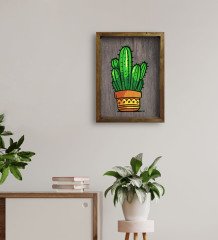 BK Home Kaktüs Tasarımlı Doğal Masif Ahşap Çerçeveli Tablo 45x65cm-1