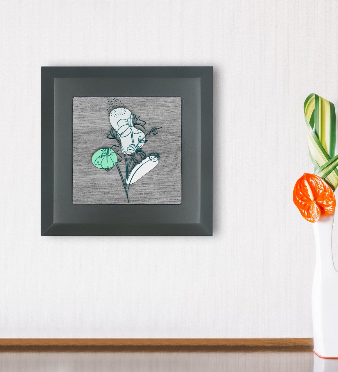 BK Gift Minimal Çiçekler Tasarımlı Ahşap Çerçeveli Taş Duvar Dekoru-3