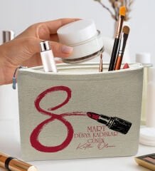 BK Gift Kadınlar Günü Tasarımlı Keten Makyaj Çantası-3, Kadınlar Günü Hediyesi, 8 Mart, Anneye Hediye