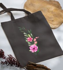 BK Gift Çiçek Tasarımlı Antrasit-1 Kumaş Bez Çanta, Baskılı Omuz Çantası, Alışveriş Çantası, Anneye Hediye