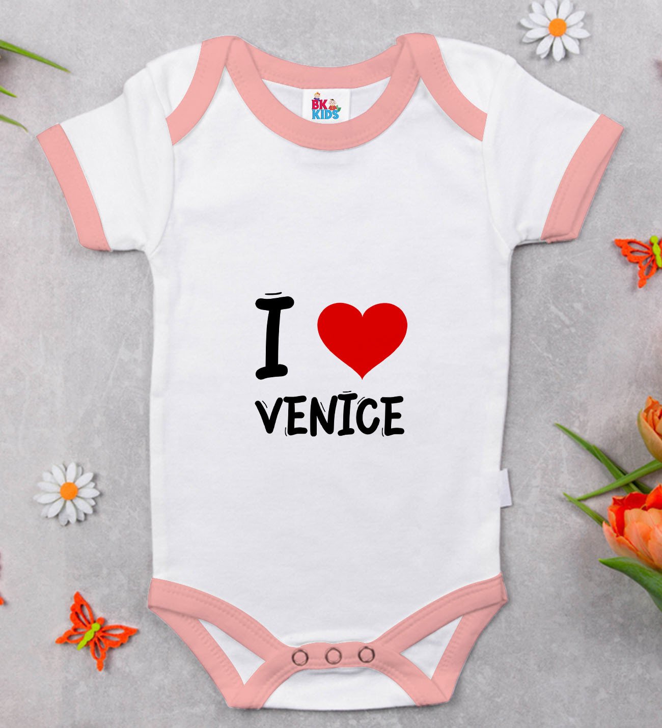BK Kids I Love Venice Tasarımlı Pembe Bebek Body Zıbın - Model 1