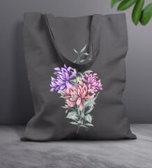 BK Gift Çiçek Tasarımlı-2 Antrasit Kumaş Bez Çanta, Baskılı Omuz Çantası, Alışveriş Çantası, Anneye Hediye