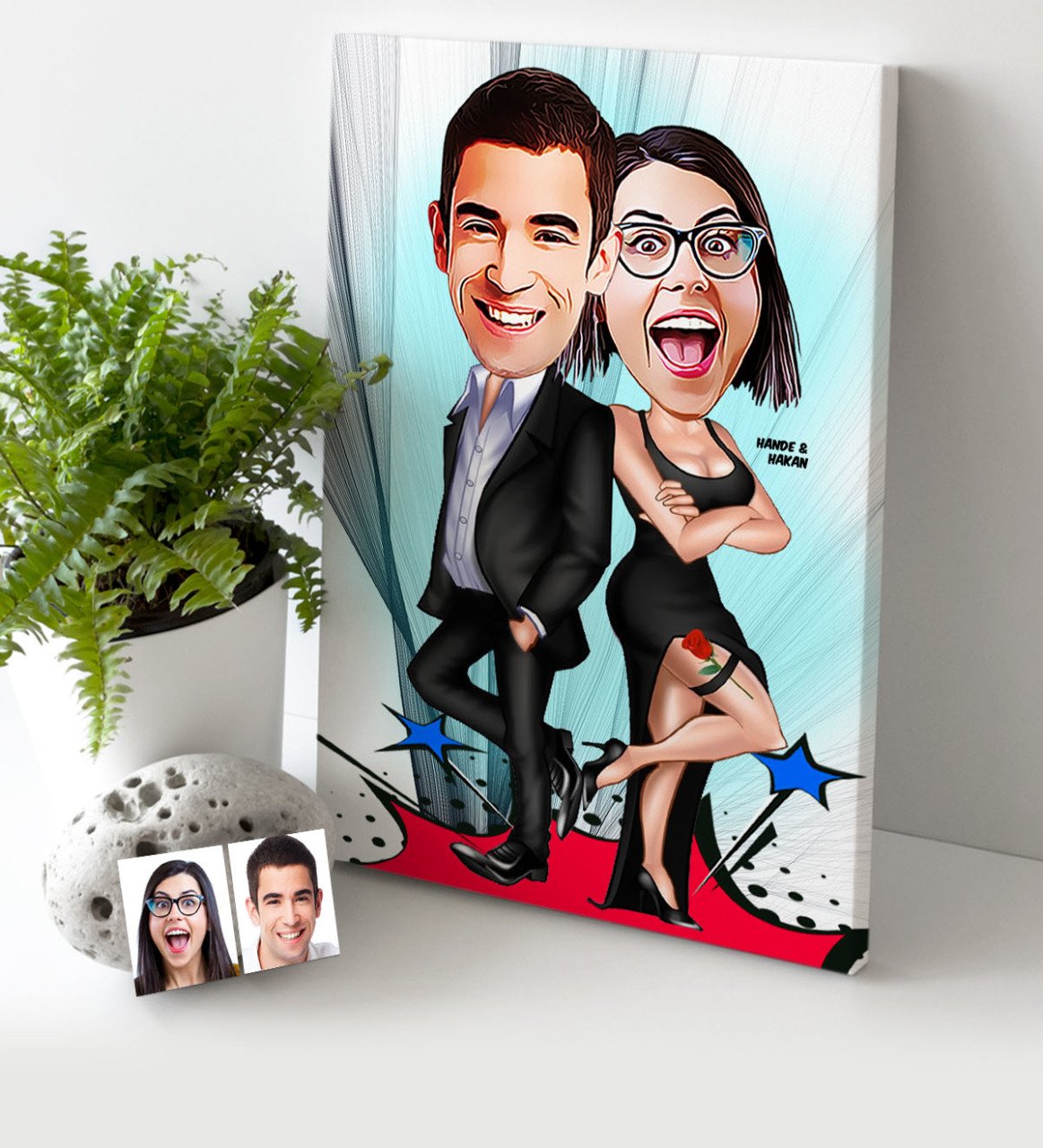 Kişiye Özel Sevgililer Karikatür Kanvas Tablo (30 x 50 cm.) - 6