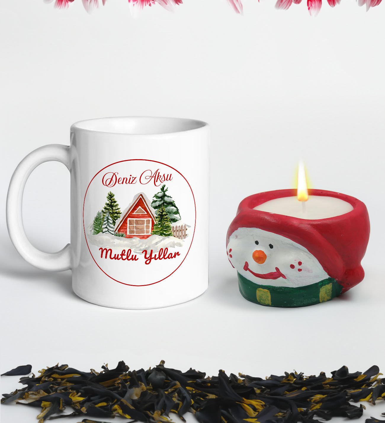 Yılbaşı Hediyesi BK Gift Kişiye Özel Yeni Yıl Tasarımlı Beyaz Kupa Bardak ve El Yapımı Kardan Adam Kokulu Mum Hediye Seti-13, Sevgiliye, Arkadaşa Hediye