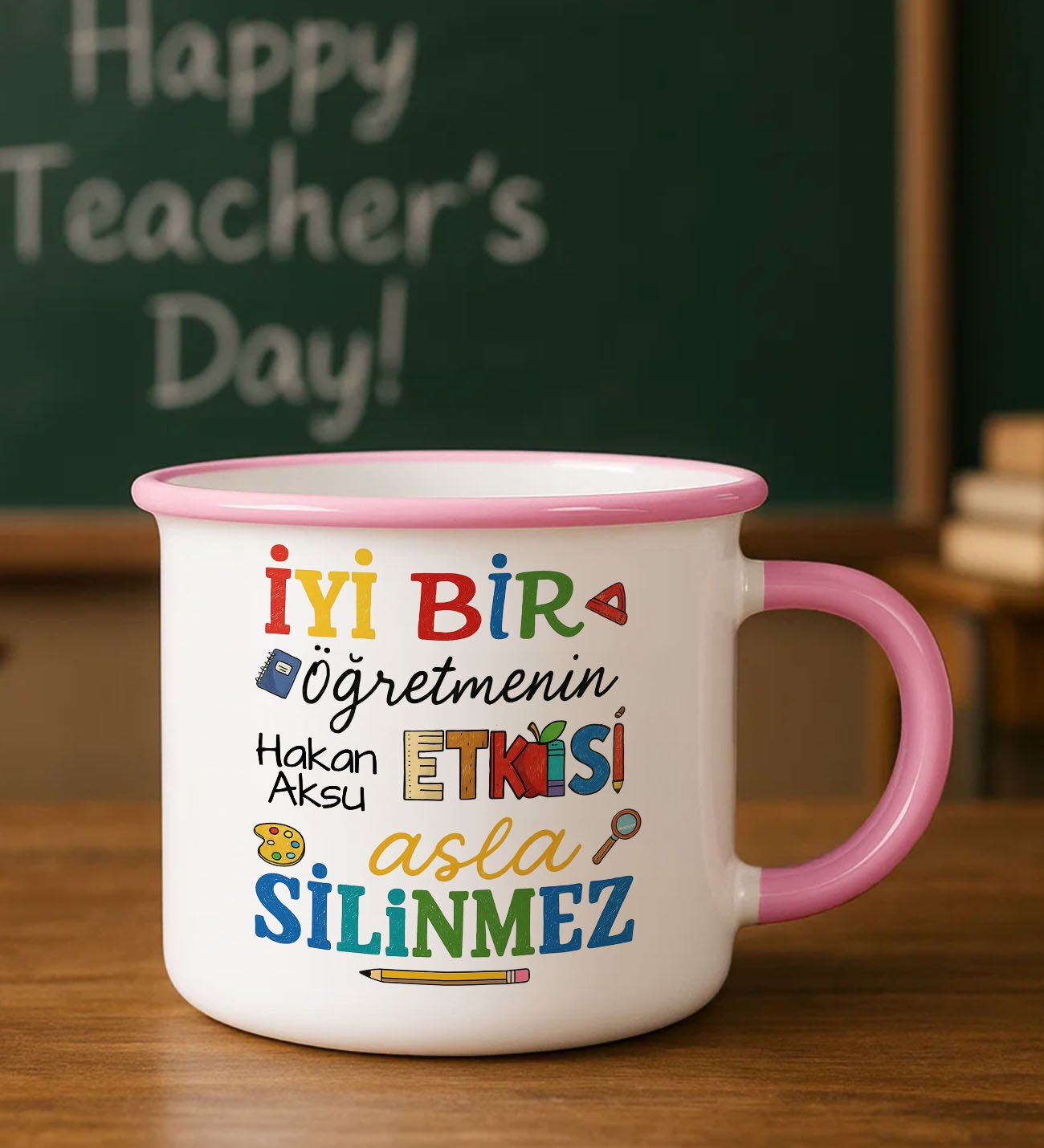 BK Gift Kişiye Özel Öğretmen Tasarımlı Pembe Enamel Kupa Bardak -3, Öğretmene Hediye, Öğretmenler Günü Hediyesi