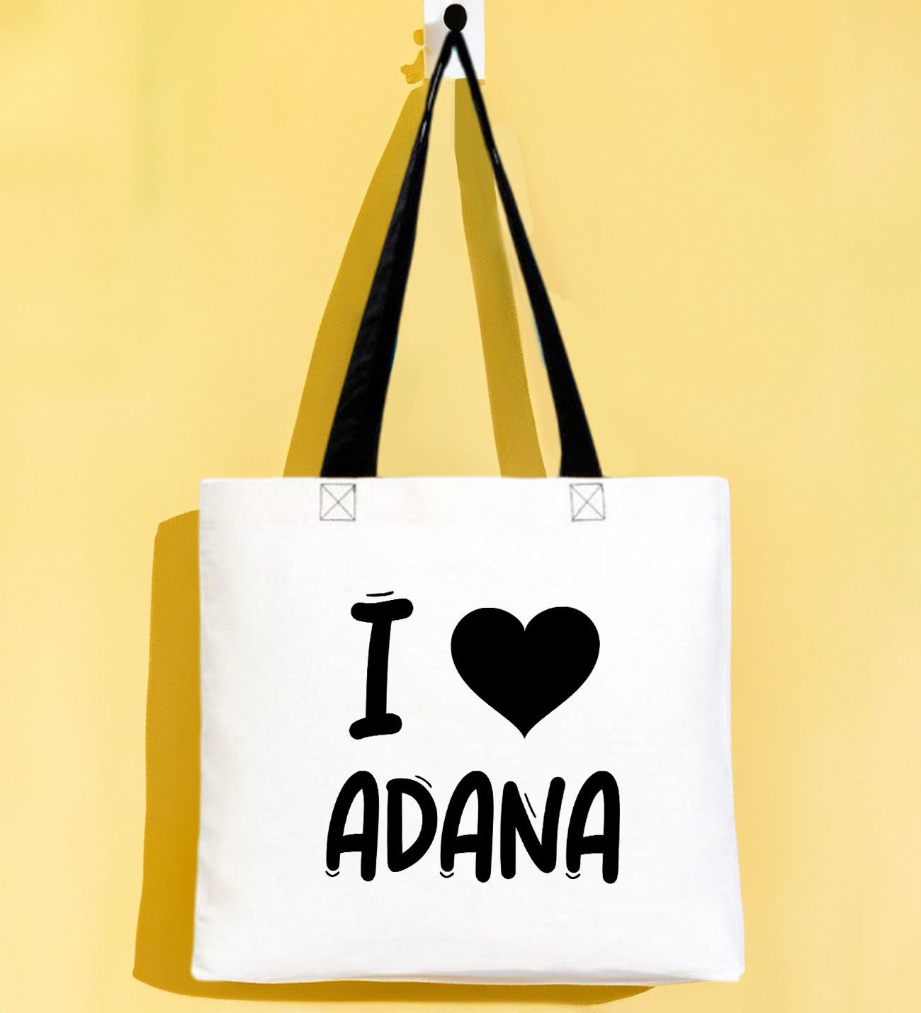 BK Gift I Love Adana Siyah Renkli Kulp Gabardin Bez Çanta 40x35cm, Baskılı Omuz Çantası, Alışveriş Çantası, Plaj Çantası