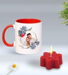 Yılbaşı Hediyesi BK Gift Kişiye Özel İsimli Fotoğraflı Kırmızı Kupa Bardak ve Kırmızı Kar Tanesi Kokulu Mum Hediye Seti-1, Sevgiliye, Arkadaşa Hediye