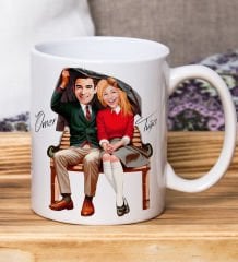 Bk Gift Kişiye Özel Karikatürlü Liseli Çift Tasarımlı Beyaz Kupa Bardak-1, Arkadaşa Hediye , Karikatürlü Kupa Bardak