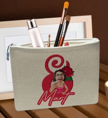 BK Gift Kişiye Özel Karikatürlü Kadınlar Günü Tasarımlı Keten Makyaj Çantası-2, Kadınlar Günü Hediyesi, 8 Mart, Anneye Hediye