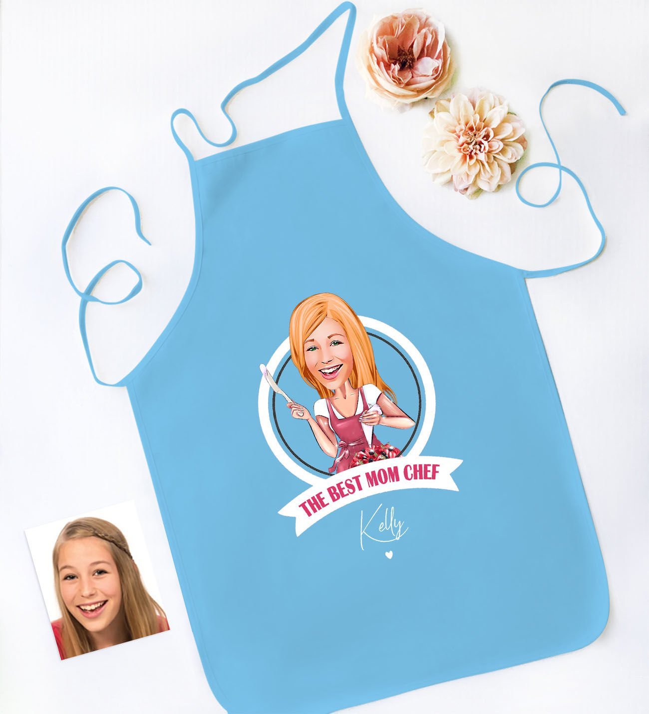 BK Gift Kişiye Özel Karikatürlü Anneler Günü Tasarımlı Mavi Mutfak Önlüğü, Aşçı Önlüğü, Şef Önlüğü, Anneye Hediye-1