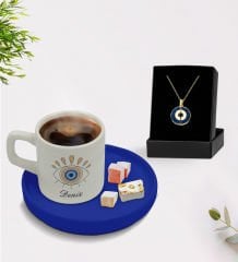 BK Gift Kişiye Özel İsimli Mavi Sunum Tabaklı Türk Kahvesi Fincanı ve Açılan Nazar Kolye Hediye Seti -10
