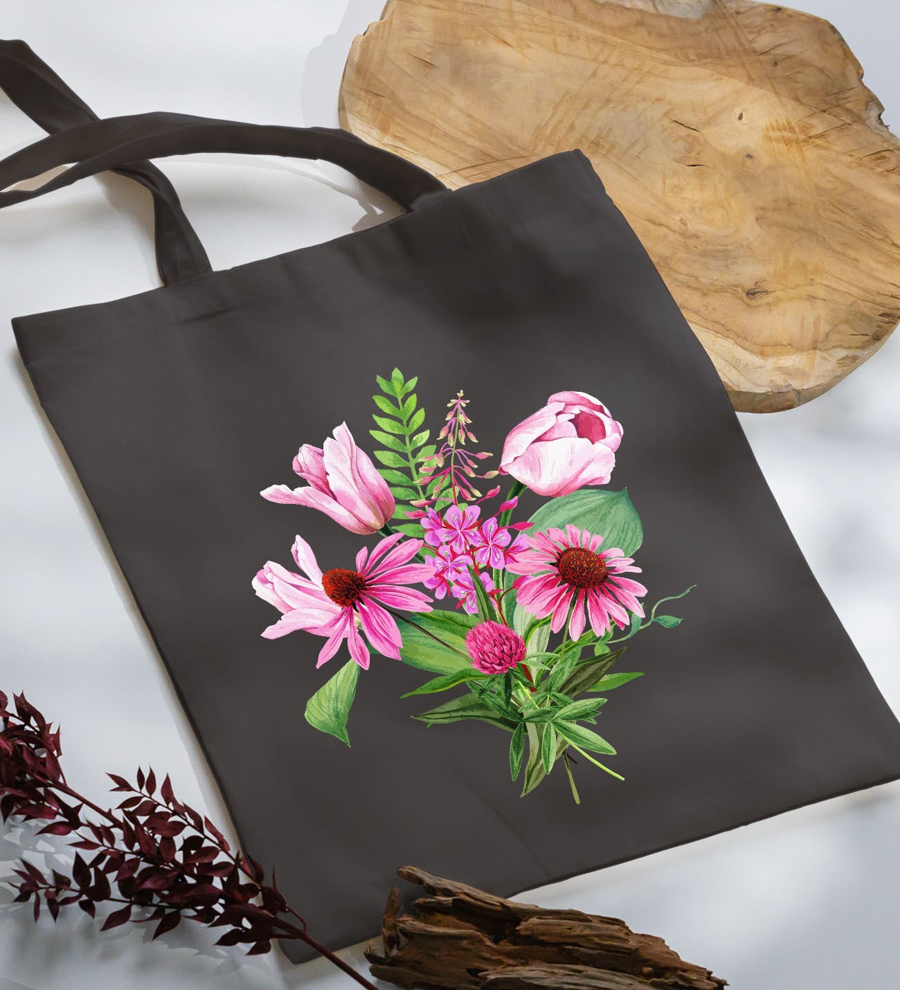 BK Gift Çiçek Tasarımlı-6 Antrasit Kumaş Bez Çanta, Baskılı Omuz Çantası, Alışveriş Çantası, Anneye Hediye