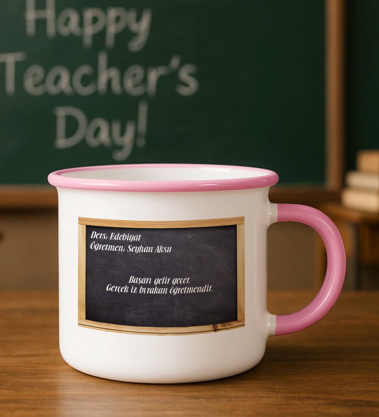 BK Gift Kişiye Özel Öğretmen Tasarımlı Pembe Enamel Kupa Bardak -5, Öğretmene Hediye, Öğretmenler Günü Hediyesi