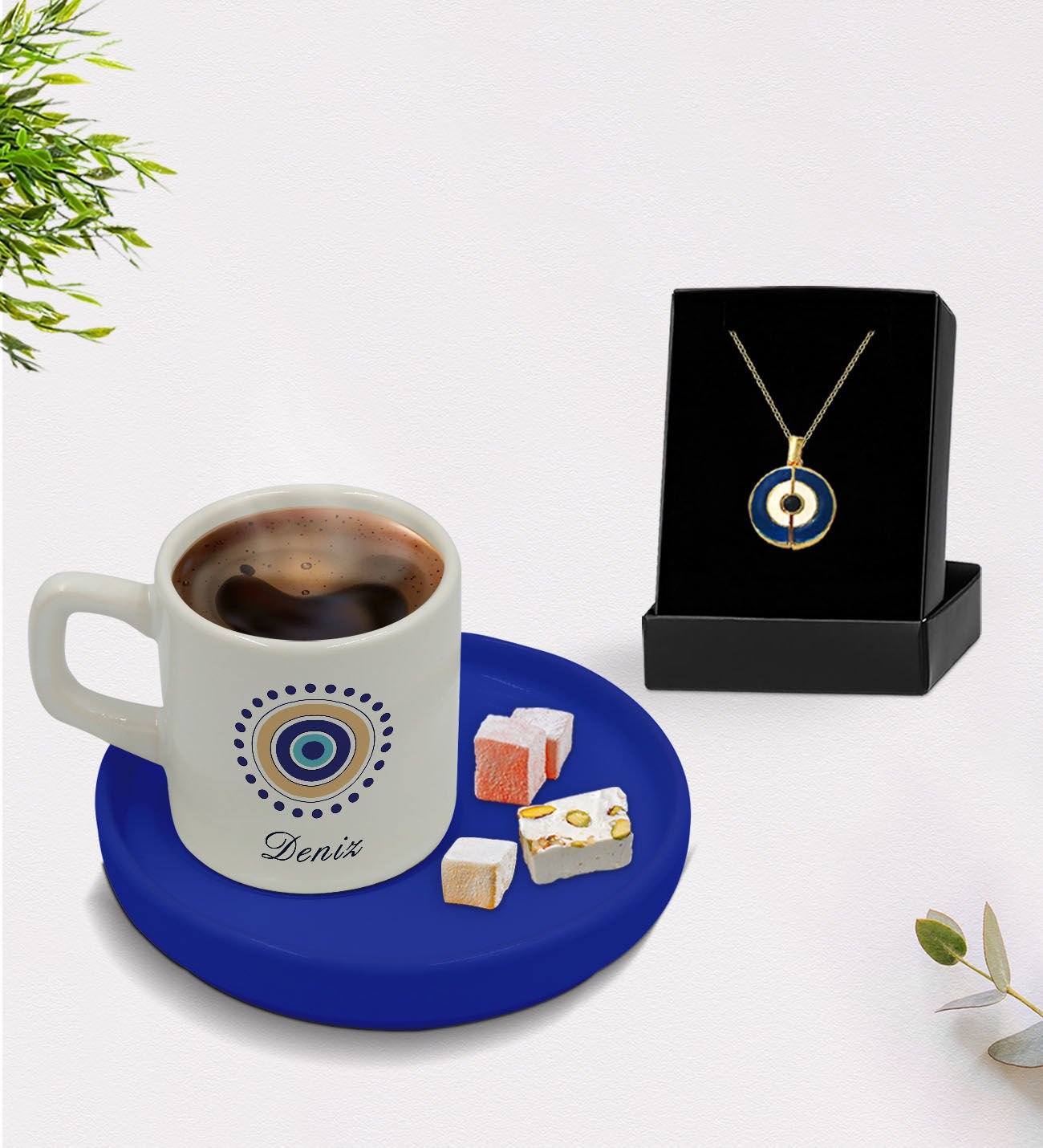 BK Gift Kişiye Özel İsimli Mavi Sunum Tabaklı Türk Kahvesi Fincanı ve Açılan Nazar Kolye Hediye Seti -11
