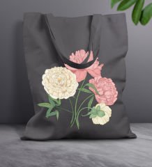 BK Gift Çiçek Tasarımlı-7 Antrasit Kumaş Bez Çanta, Baskılı Omuz Çantası, Alışveriş Çantası, Anneye Hediye