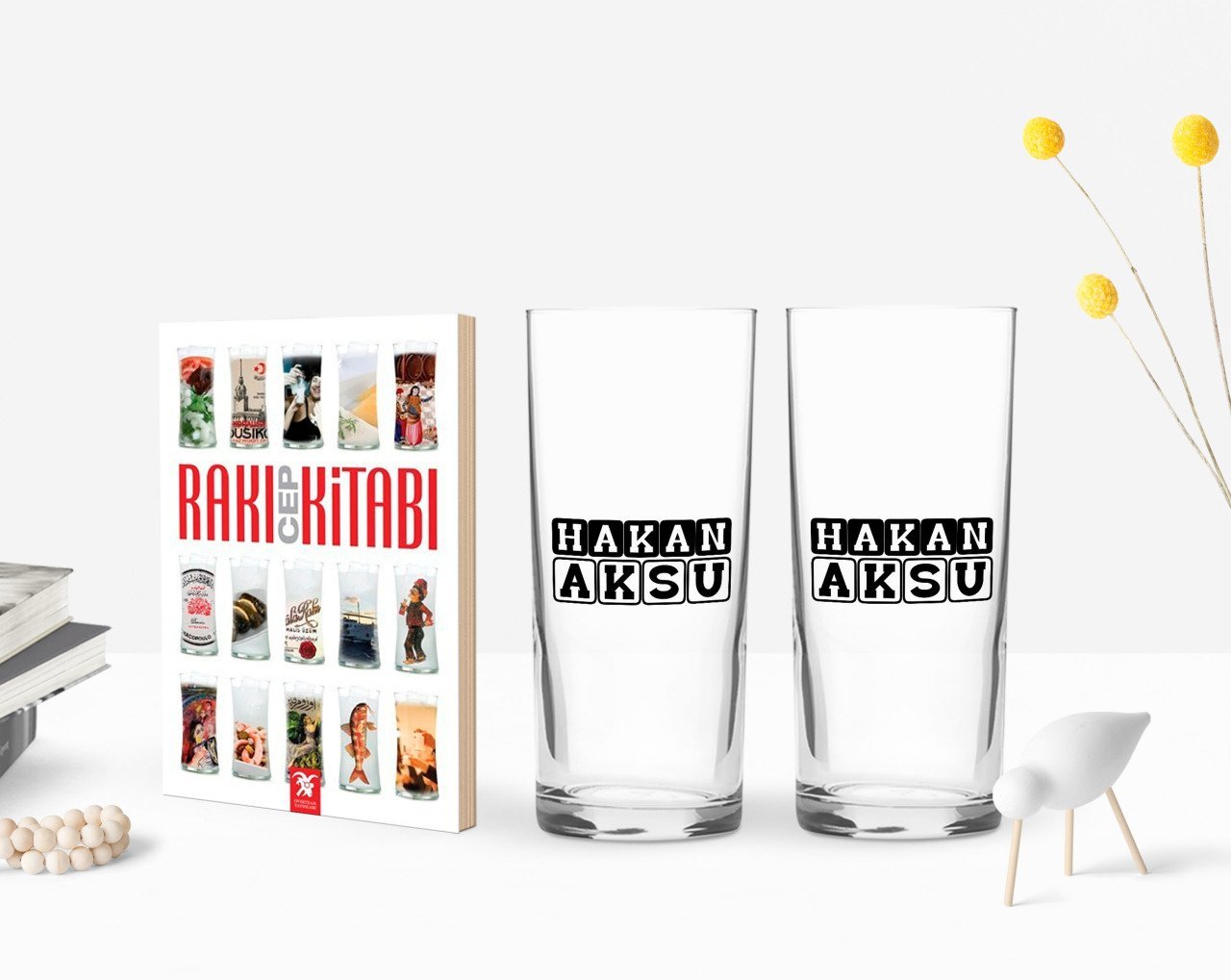 Kişiye Özel Renkli Baskılı İsimli İkili Rakı Bardağı ve Rakı Cep Kitabı Hediye Seti-30