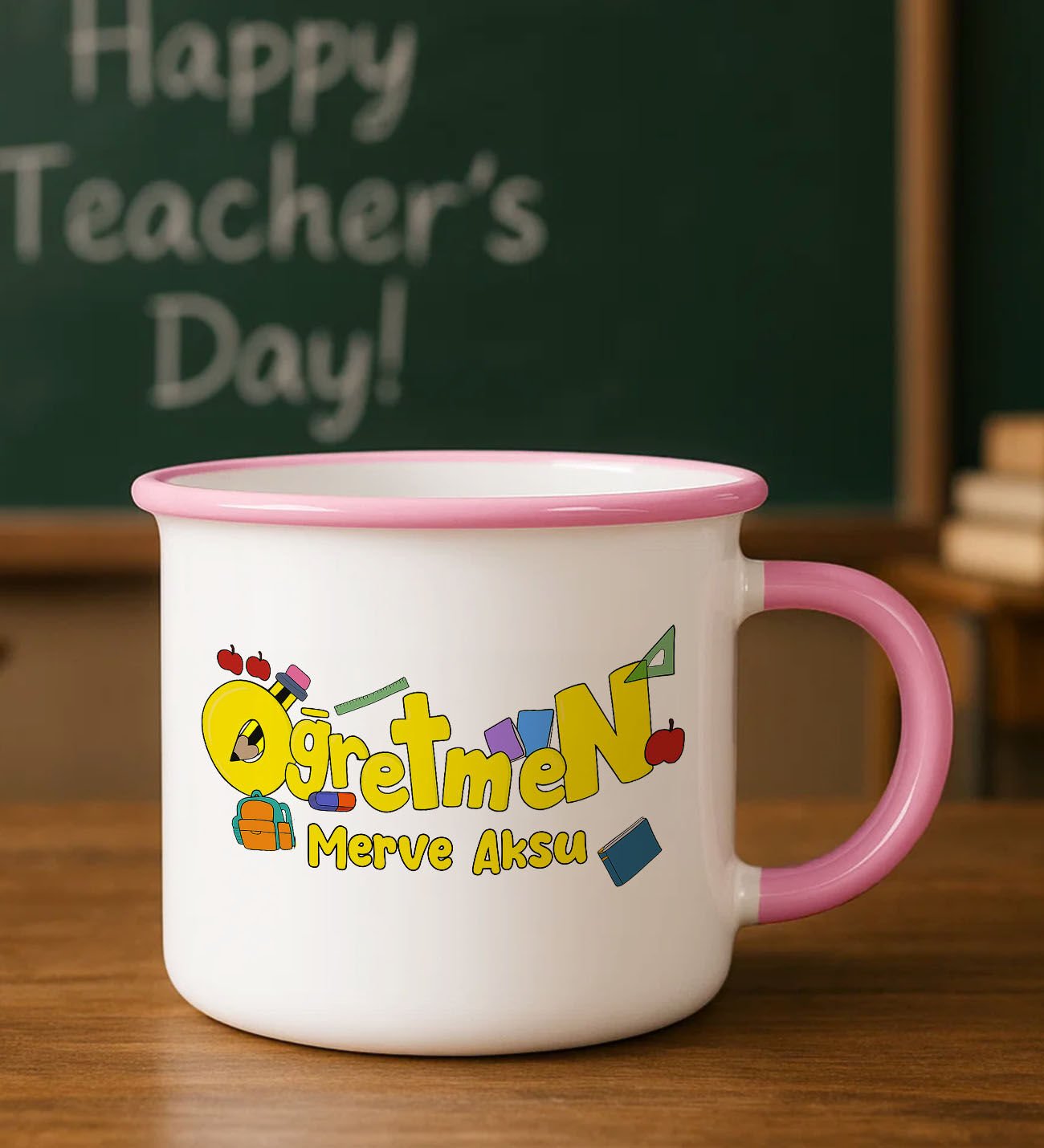 BK Gift Kişiye Özel Öğretmen Tasarımlı Pembe Enamel Kupa Bardak -6, Öğretmene Hediye, Öğretmenler Günü Hediyesi