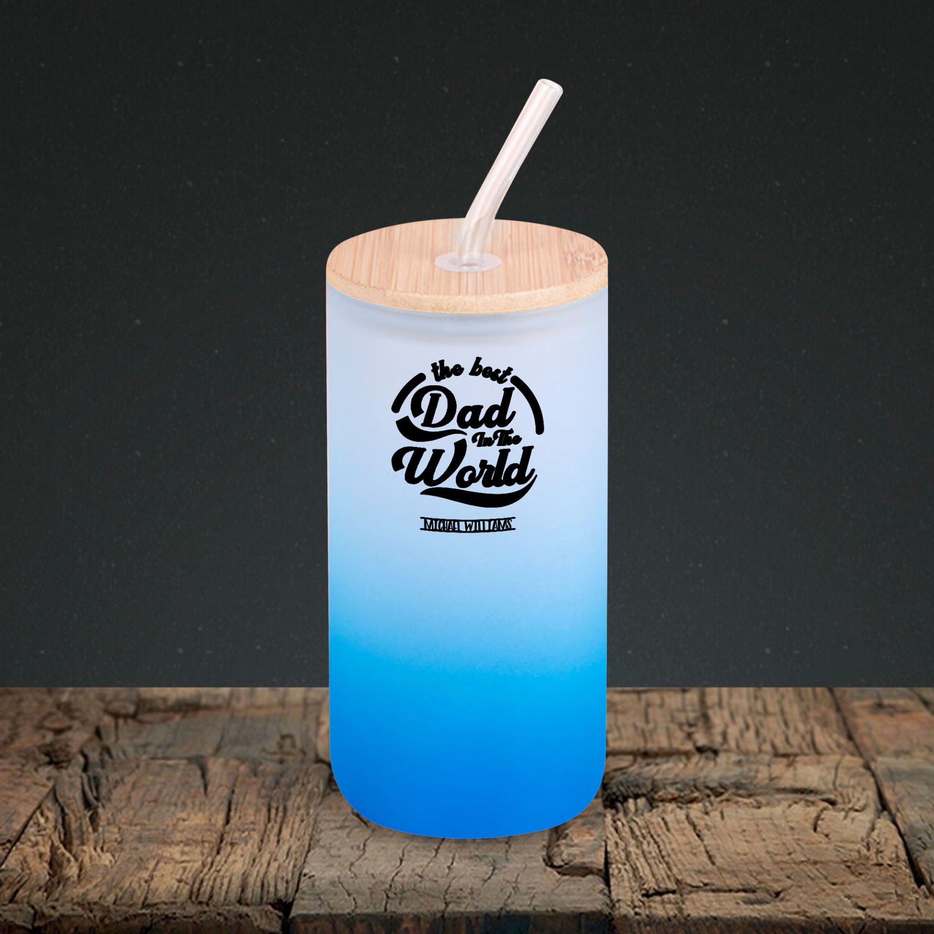 BK Gift İsimli Dad Tasarımlı Mavi Renk Pipetli Buzlu Cam Bardak 600ml - 6, Babaya Hediye, Doğum Günü Hediyesi