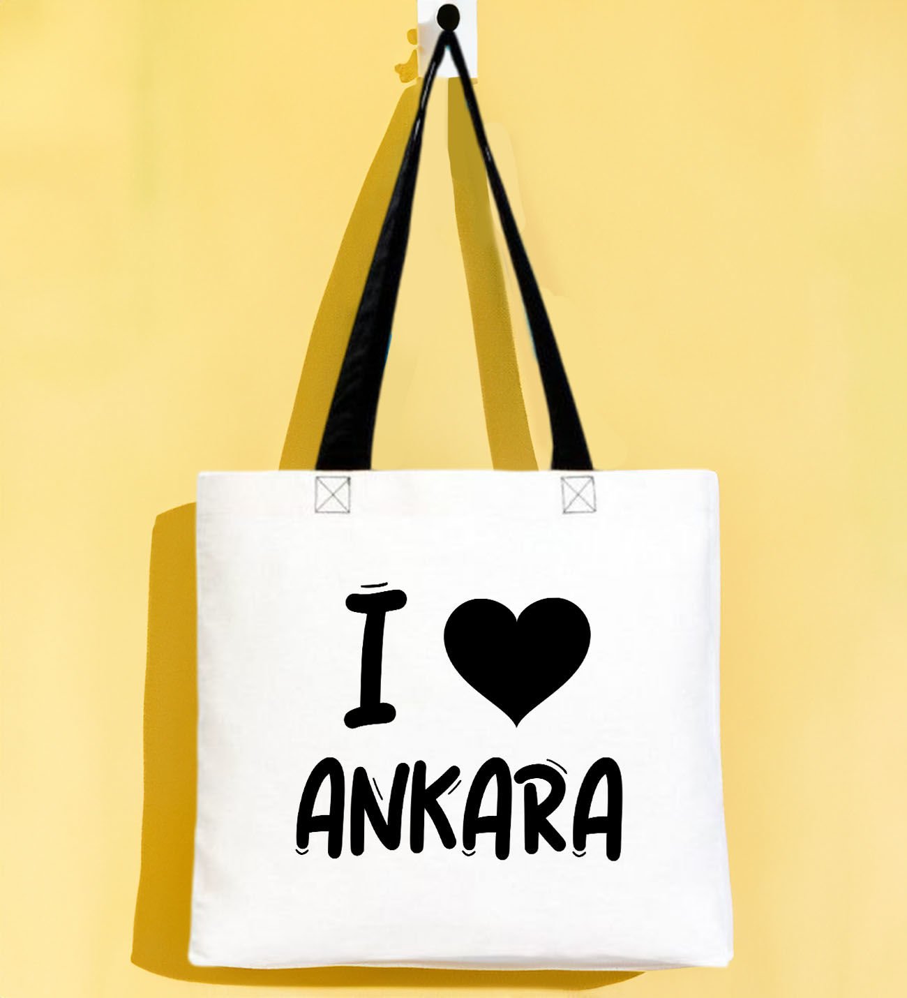 BK Gift I Love Ankara Siyah Renkli Kulp Gabardin Bez Çanta 40x35cm, Baskılı Omuz Çantası, Alışveriş Çantası, Plaj Çantası