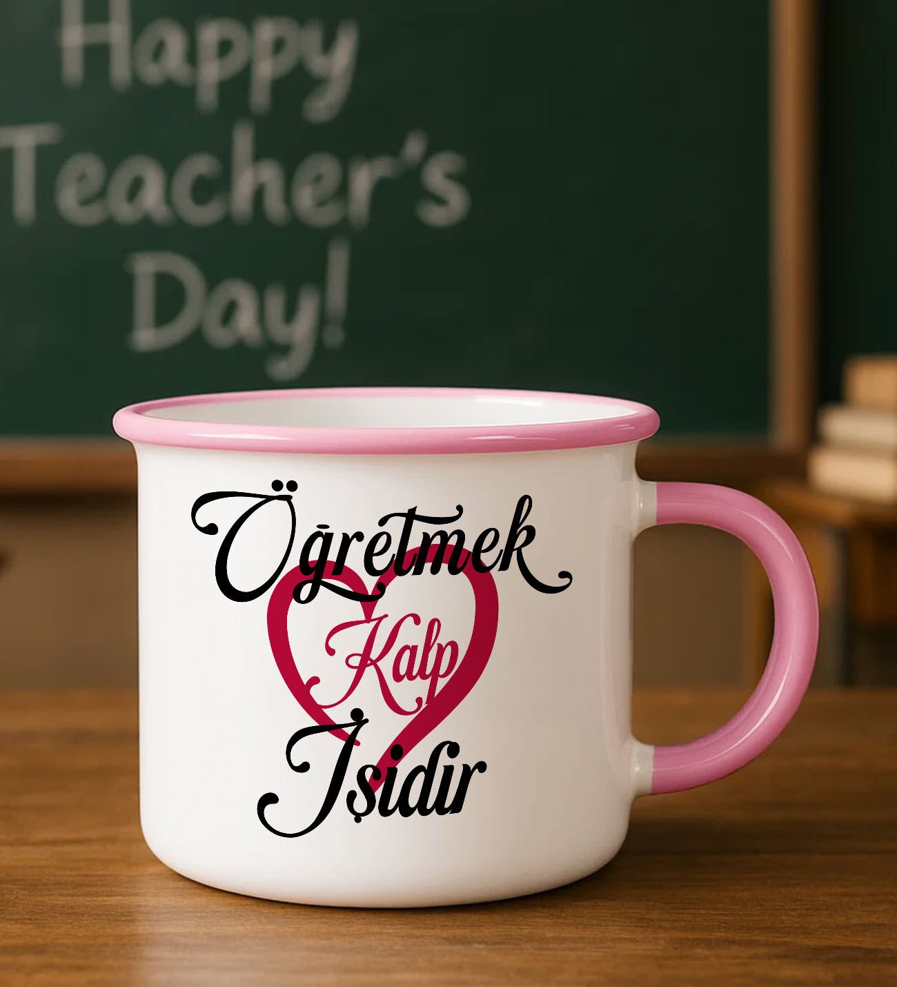 BK Gift Öğretmen Tasarımlı Pembe Enamel Kupa Bardak -1, Öğretmene Hediye, Öğretmenler Günü Hediyesi