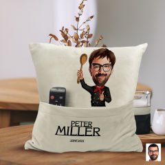 BK Gift Kişiye Özel Chef Karikatür Tasarımlı Organizer Kumanda ve Atıştırmalık Cepli Sarı Kırlent Yastık-13 Arkadaşa Hediye, Cepli Yastık
