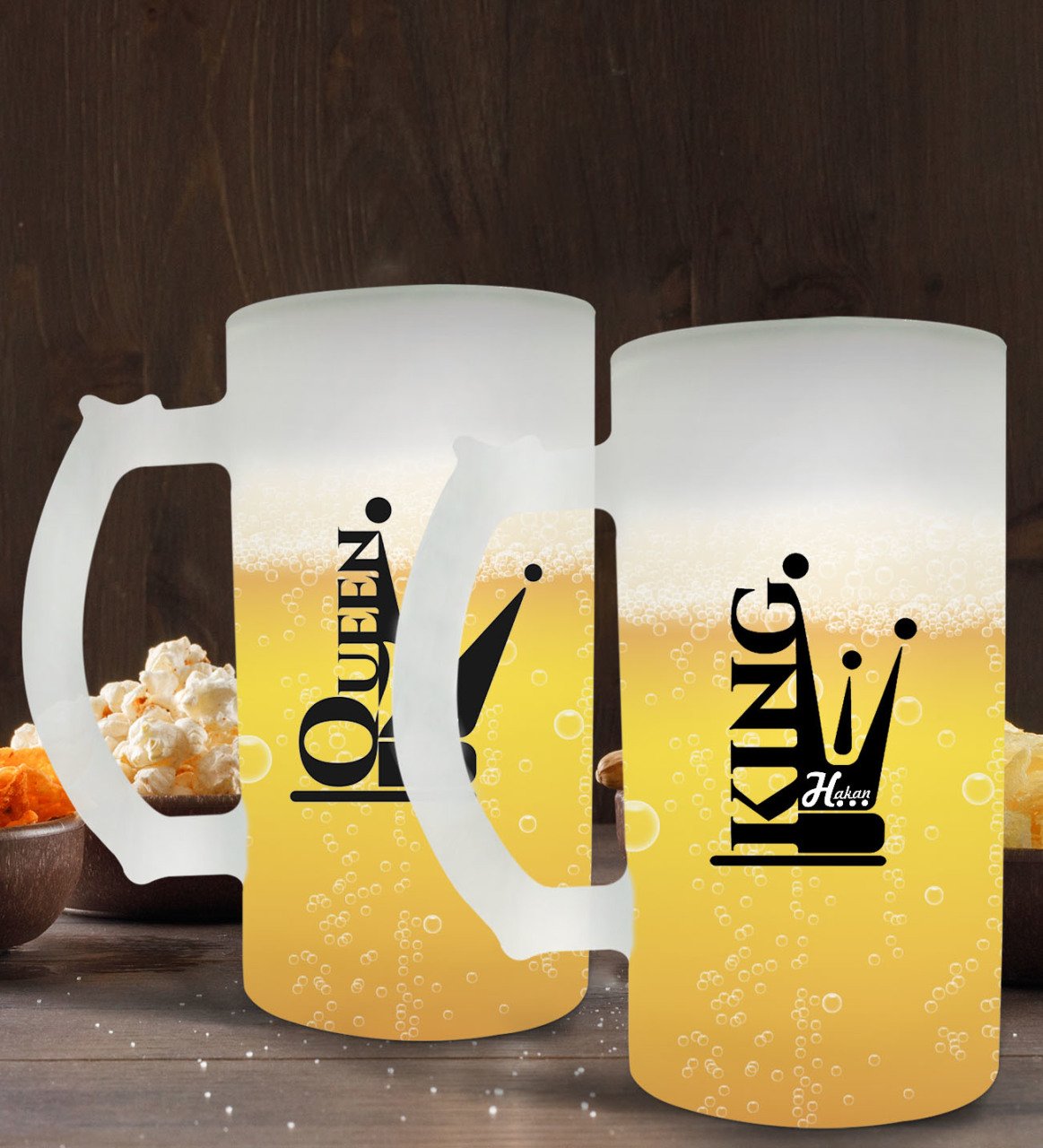 Kişiye Özel King And Queen Tasarımlı 2’li Buzlu Cam Bira Bardağı 50cl-1