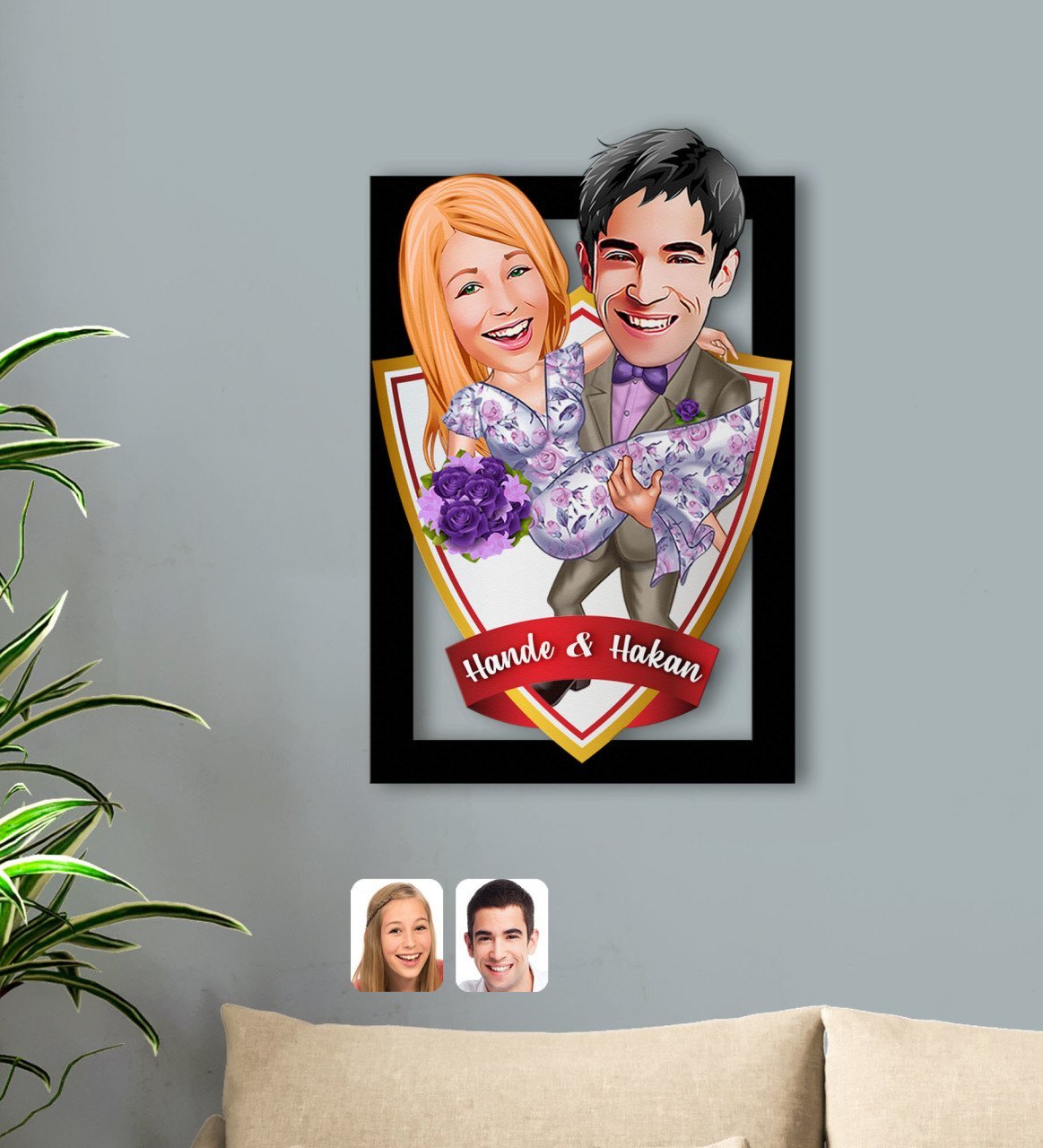 Kişiye Özel İsimli Sevgililer Karikatürlü 3D Ahşap Tablo-56